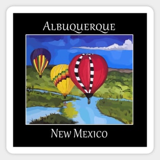 Hot air balloons flying over the river reflecting on the water. Albuquerque New Mexico, Balloon Fiesta. Sticker